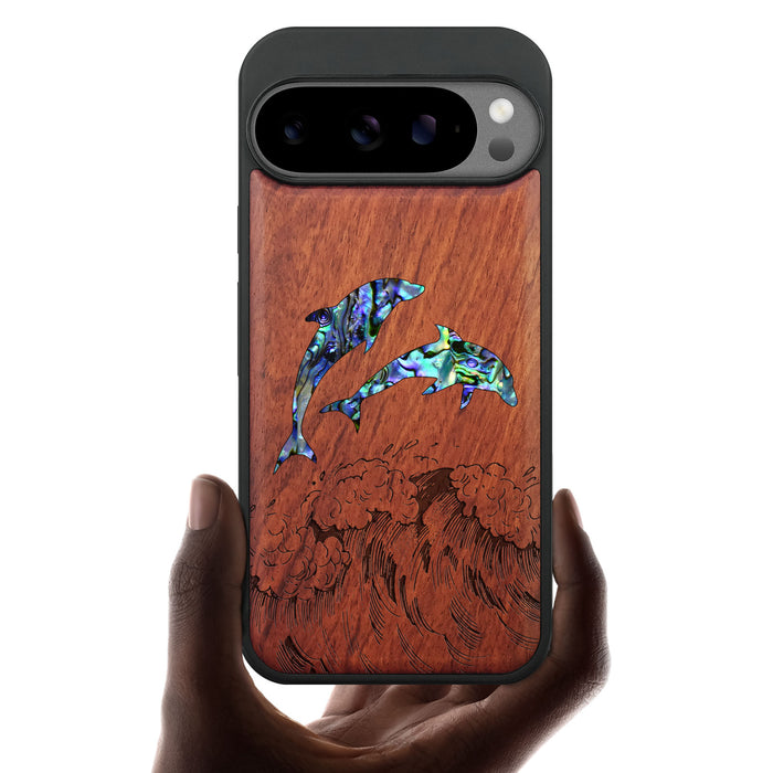 Dual Dolphins in the Waves, Hand-Inlaid Wood & Mother of Pearl Case - Artisanal Cover for Google Pixel