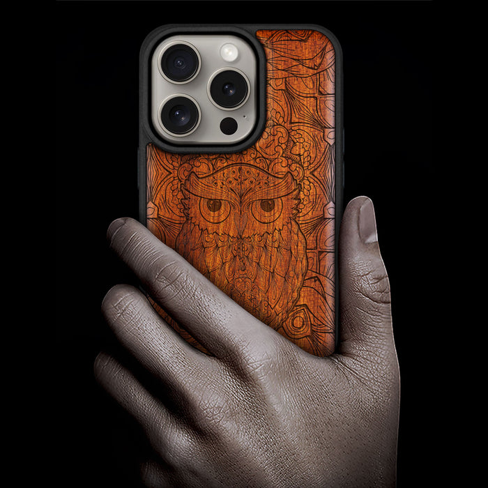 The Owl Tapestry, Classic Engraved Wood & TPU Case - Artisanal Cover for Apple iPhone