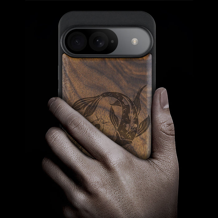 Yin-Yang Koi, Classic Engraved Wood & TPU Case - Artisanal Cover for Google Pixel