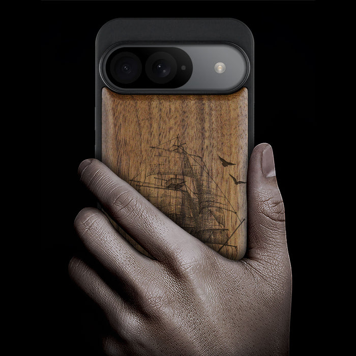 Sailboat on the Sea, Classic Engraved Wood & TPU Case - Artisanal Cover for Google Pixel