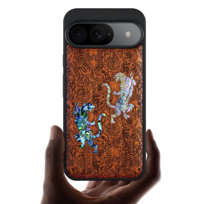 Tiger Amidst Flowers, Hand-Inlaid Wood & Mother of Pearl Case - Artisanal Cover for Google Pixel