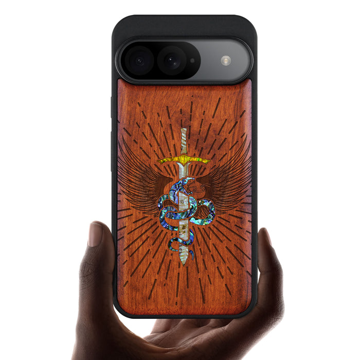 Serpent Winged Sword, Hand-Inlaid Wood & Mother of Pearl Case - Artisanal Cover for Google Pixel