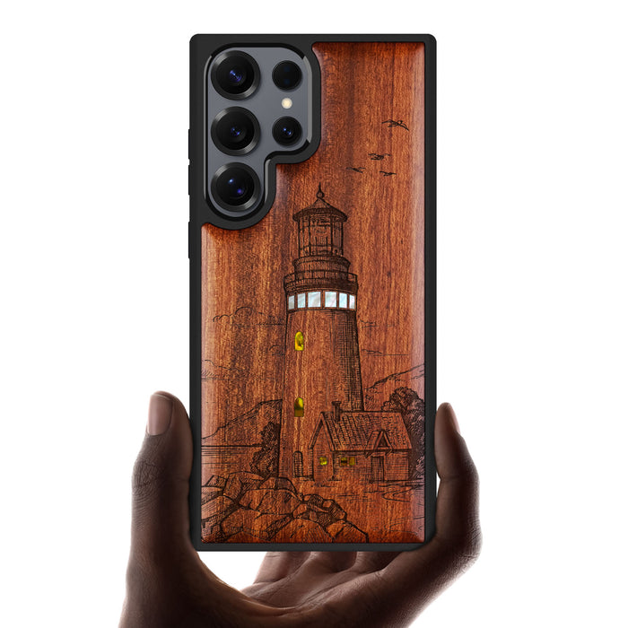 The Lighthouse, Hand-Inlaid Wood & Mother of Pearl Case - Artisanal Cover for Samsung Galaxy