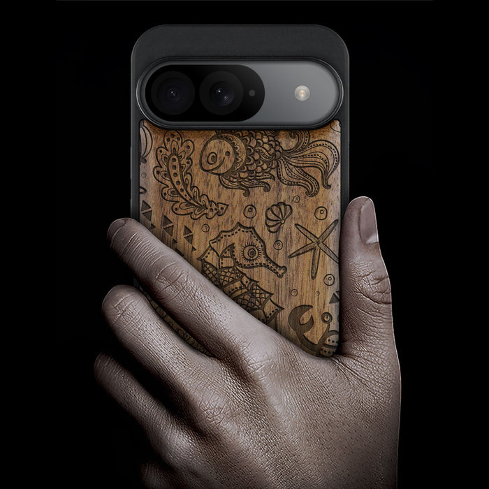 An Aquatic Symphony, Classic Engraved Wood & TPU Case - Artisanal Cover for Google Pixel