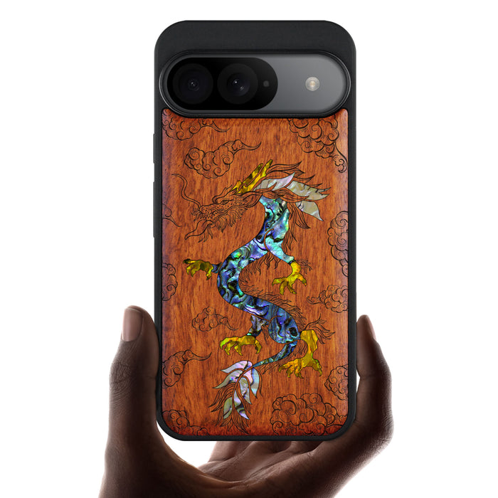 The Dragon's Ascen, Hand-Inlaid Wood & Mother of Pearl Case - Artisanal Cover for Google Pixel