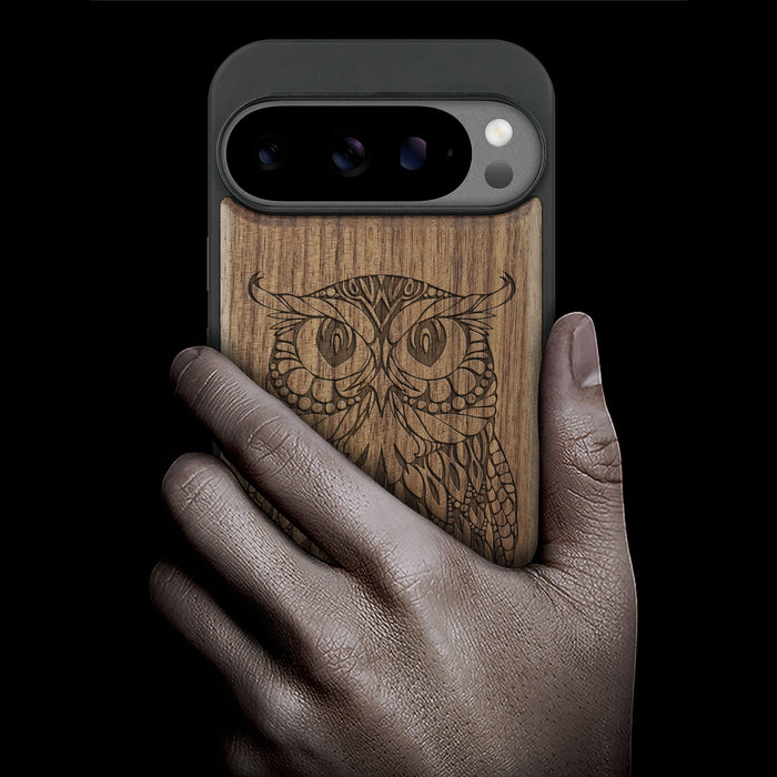 Owl Mandala, Classic Engraved Wood & TPU Case - Artisanal Cover for Google Pixel