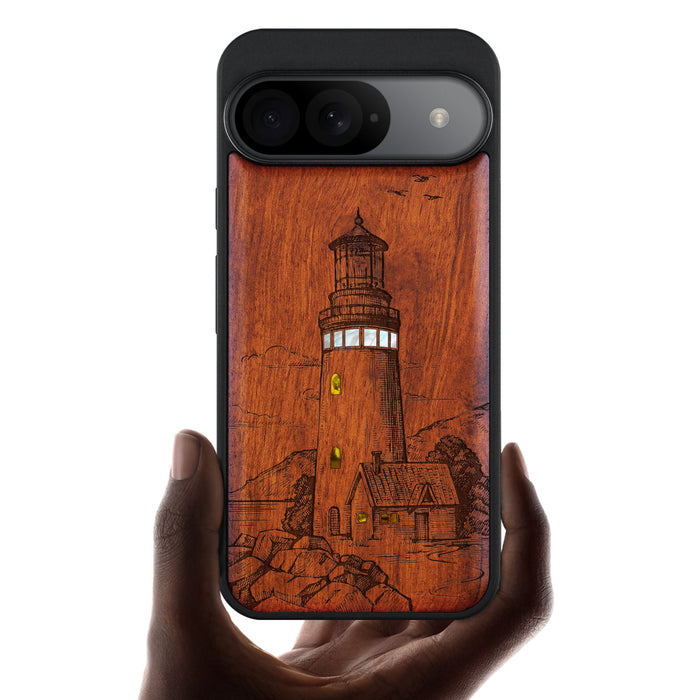 The Lighthouse, Hand-Inlaid Wood & Mother of Pearl Case - Artisanal Cover for Google Pixel