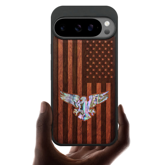 The Eagle and the Stars, Hand-Inlaid Wood & Mother of Pearl Case - Artisanal Cover for Google Pixel