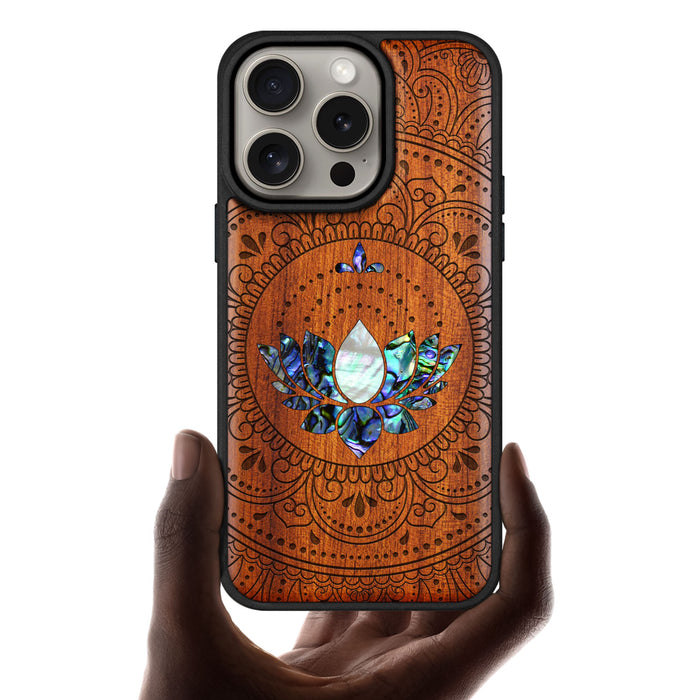 Lotus Mandala Essence, Hand-Inlaid Wood & Mother of Pearl Case - Artisanal Cover for Apple iPhone