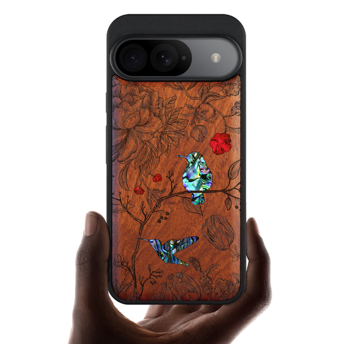 A Dance of Flora and Avian, Hand-Inlaid Wood & Mother of Pearl Case - Artisanal Cover for Google Pixel