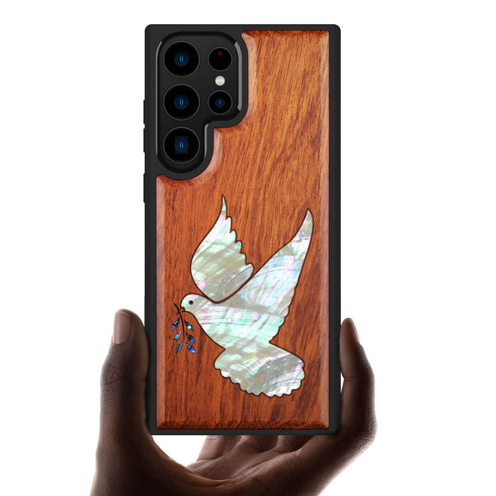 The Dove with Olive Branch, Hand-Inlaid Wood & Mother of Pearl Case - Artisanal Cover for Samsung Galaxy