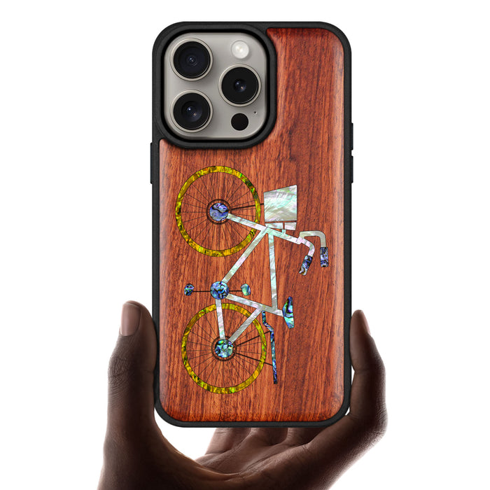 Classic Bicycle Silhouette, Hand-Inlaid Wood & Mother of Pearl Case - Artisanal Cover for Apple iPhone