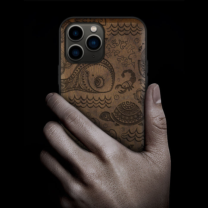 A Marine Mosaic, Classic Engraved Wood & TPU Case - Artisanal Cover for Apple iPhone