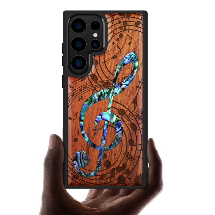 The Grand Clef and Musical Notes, Hand-Inlaid Wood & Mother of Pearl Case - Artisanal Cover for Samsung Galaxy