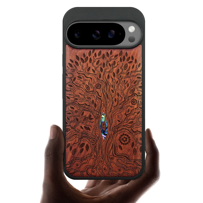 The Line Art Tree of Life, Hand-Inlaid Wood & Mother of Pearl Case - Artisanal Cover for Google Pixel