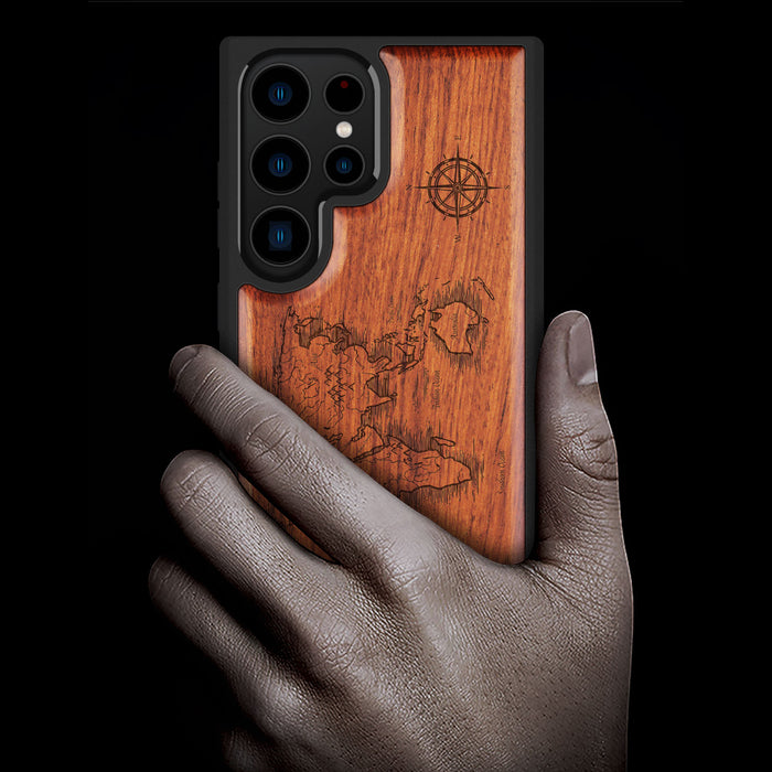 Abstract Expressionist World Map Linework, Classic Engraved Wood & TPU Case - Artisanal Cover for Samsung Galaxy