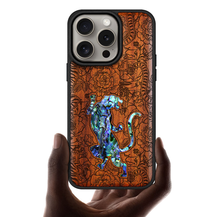 A Tiger Amidst Flowers, Hand-Inlaid Wood & Mother of Pearl Case - Artisanal Cover for Apple iPhone