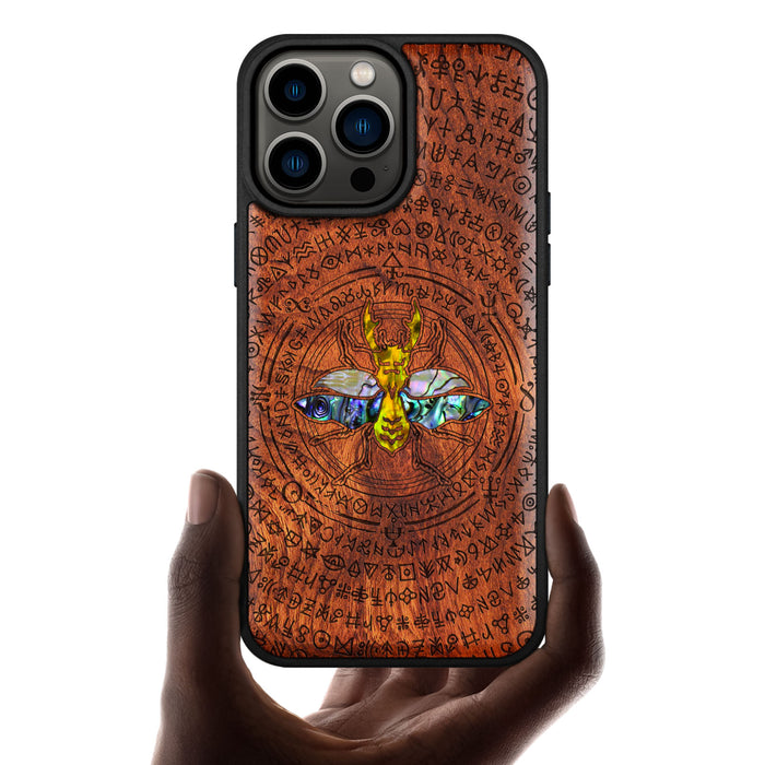 Mystical Armor, Hand-Inlaid Wood & Mother of Pearl Case - Artisanal Cover for Apple iPhone