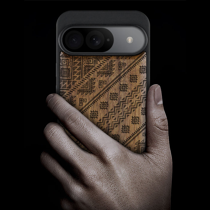 Aztec Geometric Harmony, Classic Engraved Wood & TPU Case - Artisanal Cover for Google Pixel