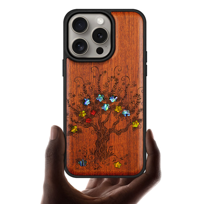 Enchanted Blossom Tree, Hand-Inlaid Wood & Mother of Pearl Case - Artisanal Cover for Apple iPhone