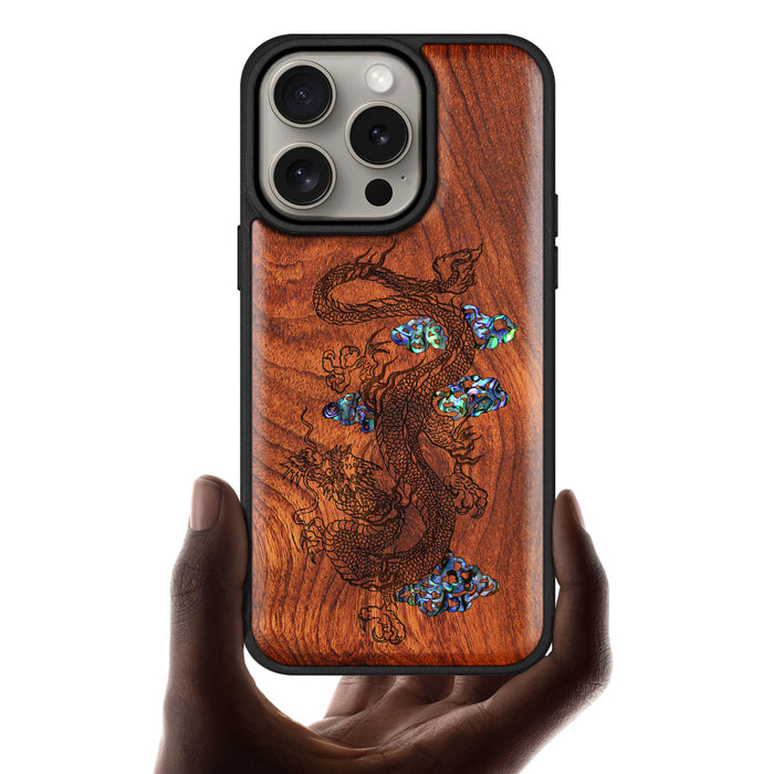 Majestic Chinese Dragon, Hand-Inlaid Wood & Mother of Pearl Case - Artisanal Cover for Apple iPhone