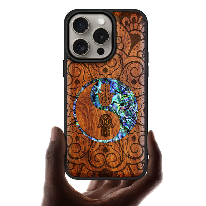 Tranquil Harmony Mandala, Hand-Inlaid Wood & Mother of Pearl Case - Artisanal Cover for Apple iPhone