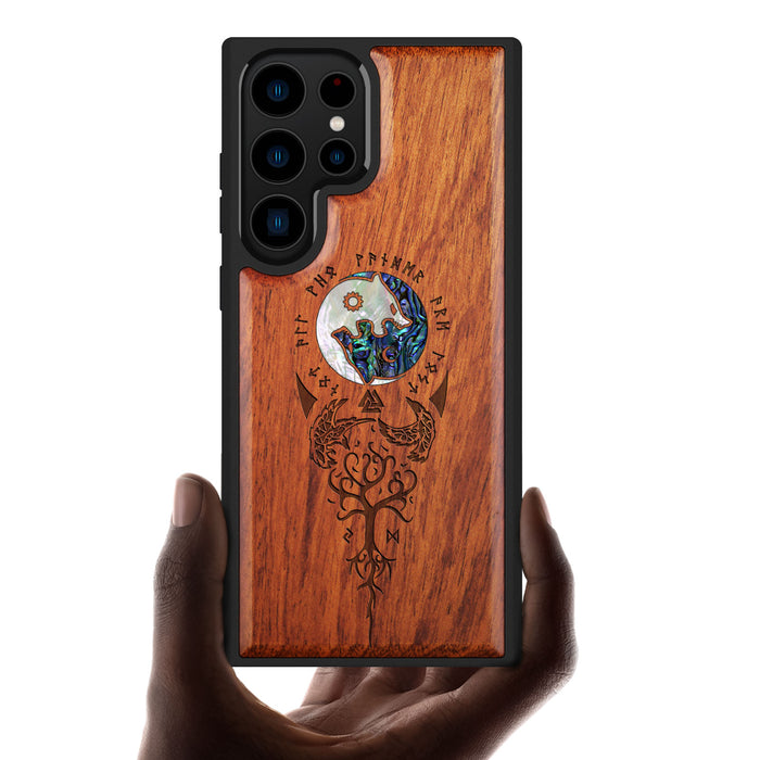 Vegvísir, Ravens, and Yggdrasil, Hand-Inlaid Wood & Mother of Pearl Case - Artisanal Cover for Samsung Galaxy