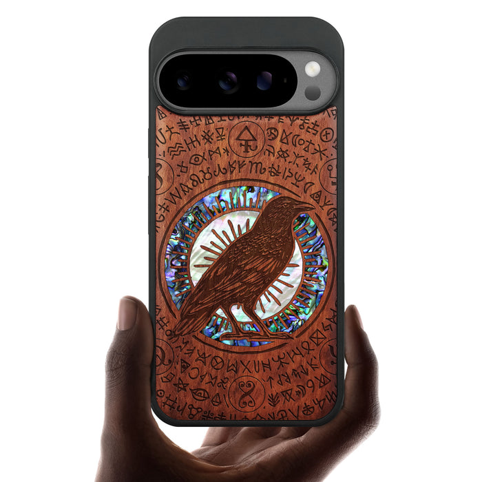 The Haloed Crow, Hand-Inlaid Wood & Mother of Pearl Case - Artisanal Cover for Google Pixel