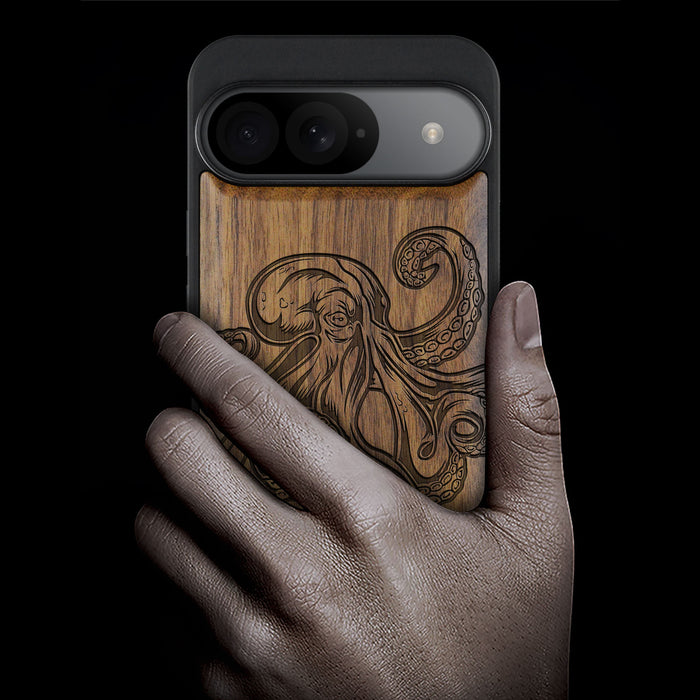 Bodybuilding Octopus Illustration, Classic Engraved Wood & TPU Case - Artisanal Cover for Google Pixel