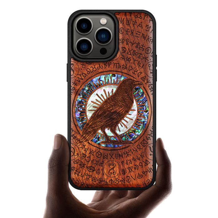 The Haloed Crow, Hand-Inlaid Wood & Mother of Pearl Case - Artisanal Cover for Apple iPhone