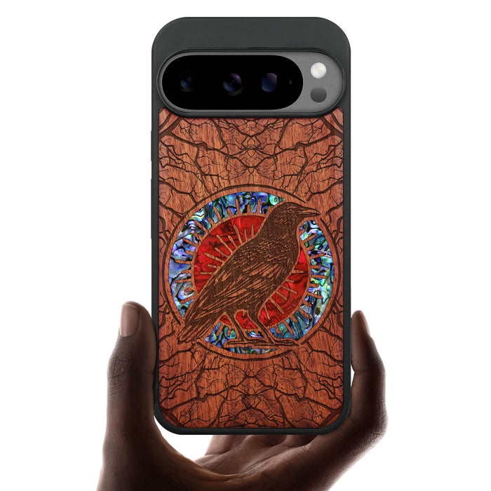 Luminous Crow Amidst Forest Lattice, Hand-Inlaid Wood & Mother of Pearl Case - Artisanal Cover for Google Pixel