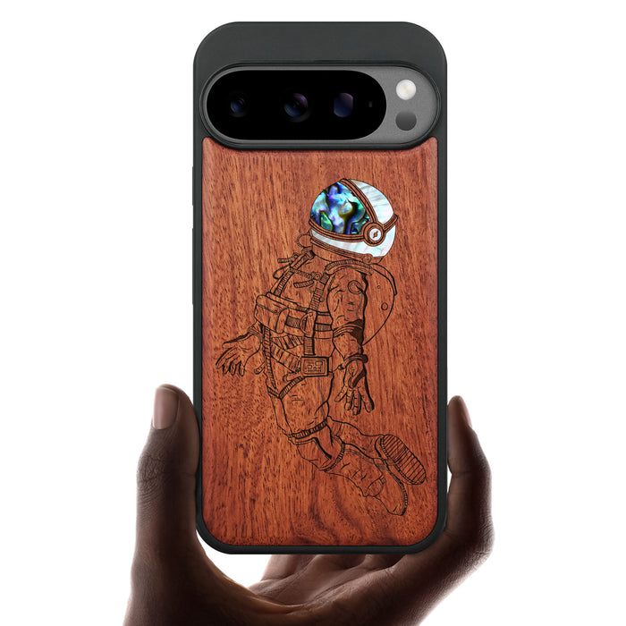 The Floating Astronaut, Hand-Inlaid Wood & Mother of Pearl Case - Artisanal Cover for Google Pixel