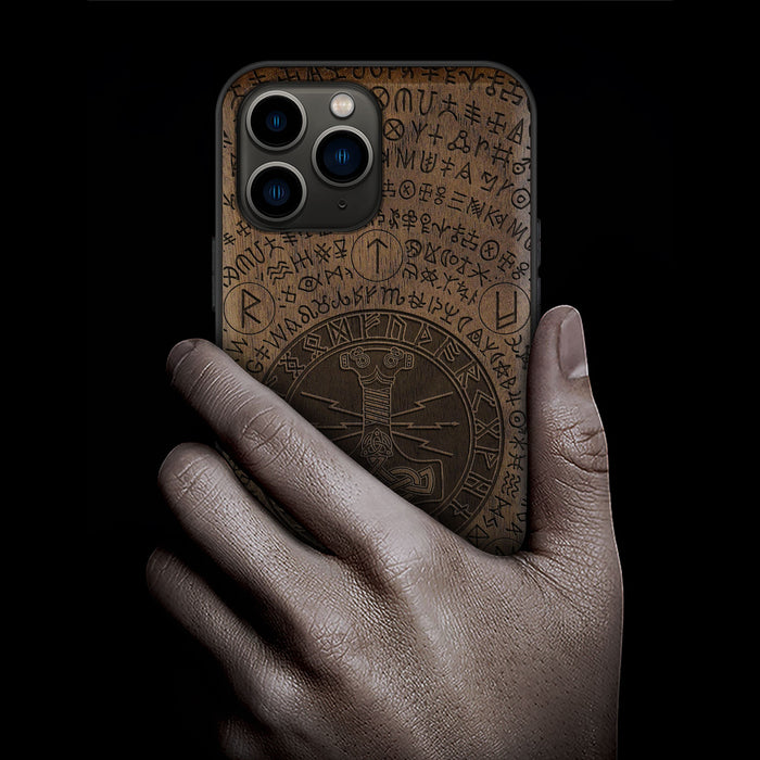 Mjölnir and the Runes, Classic Engraved Wood & TPU Case - Artisanal Cover for Apple iPhone