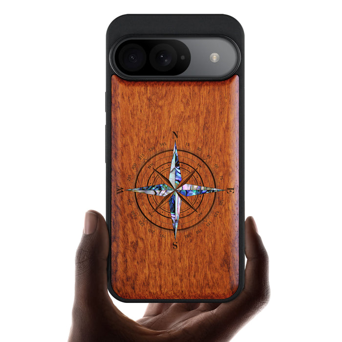 Shell Compass, Hand-Inlaid Wood & Mother of Pearl Case - Artisanal Cover for Google Pixel