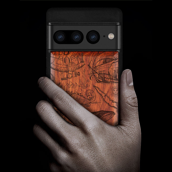 A Voyage of Vintage Visions, Classic Engraved Wood & TPU Case - Artisanal Cover for Google Pixel