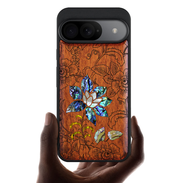 A Seamless Pattern of Flowers and Leaves, Hand-Inlaid Wood & Mother of Pearl Case - Artisanal Cover for Google Pixel