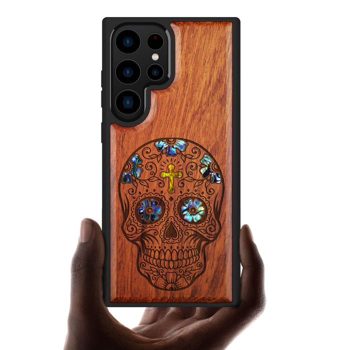 The Dia de los Muertos Sugar Skull, Hand-Inlaid Wood & Mother of Pearl Case - Artisanal Cover for Samsung Galaxy