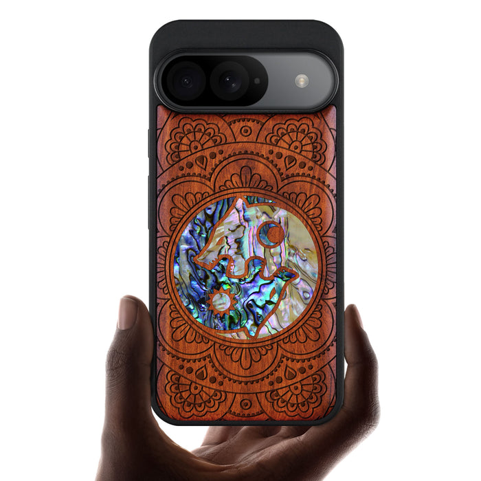 Yin-Yang Wolves Amidst Paisley, Hand-Inlaid Wood & Mother of Pearl Case - Artisanal Cover for Google Pixel