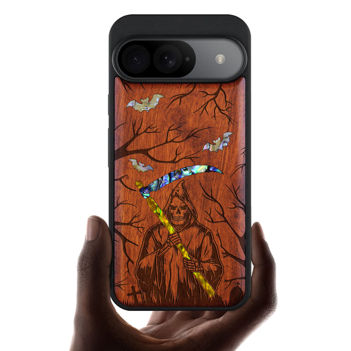 Grim Reaper, Hand-Inlaid Wood & Mother of Pearl Case - Artisanal Cover for Google Pixel