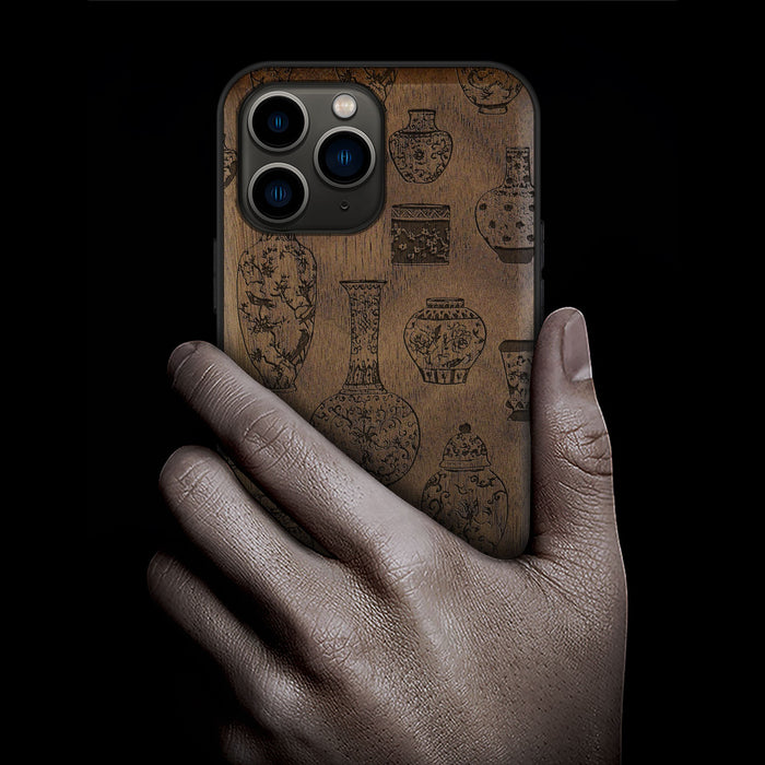 The Art of Chinese Ceramic Design, Classic Engraved Wood & TPU Case - Artisanal Cover for Apple iPhone