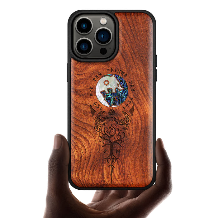 Vegvísir, Ravens, and Yggdrasil, Hand-Inlaid Wood & Mother of Pearl Case - Artisanal Cover for Apple iPhone