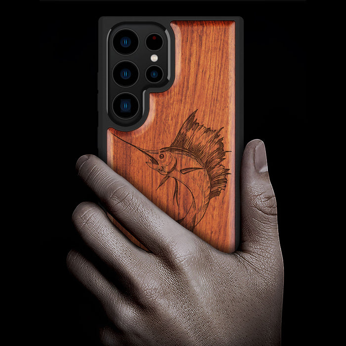 The Soaring Marlin, Classic Engraved Wood & TPU Case - Artisanal Cover for Samsung Galaxy