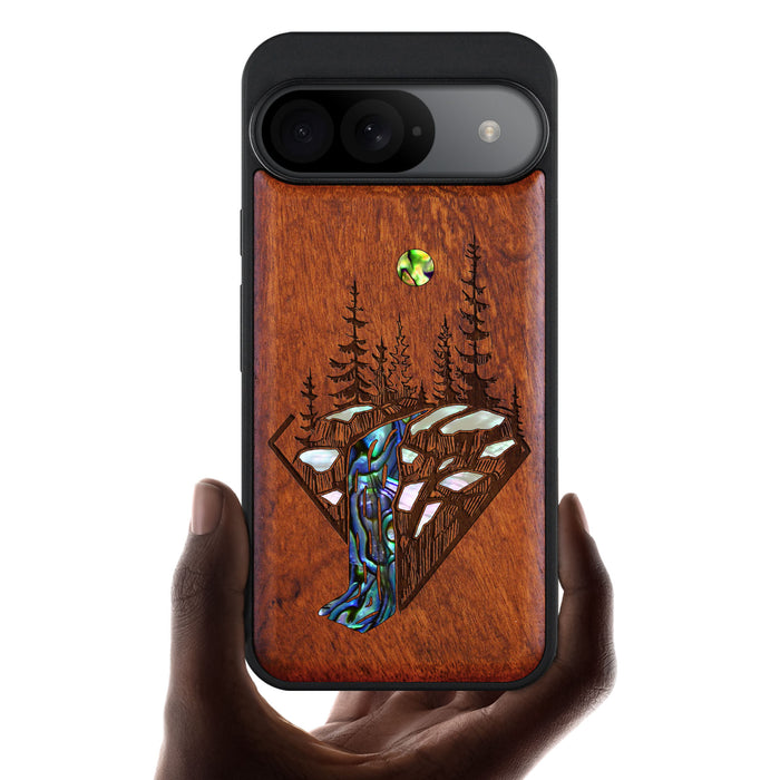 The Floating Forest and Waterfall, Hand-Inlaid Wood & Mother of Pearl Case - Artisanal Cover for Google Pixel