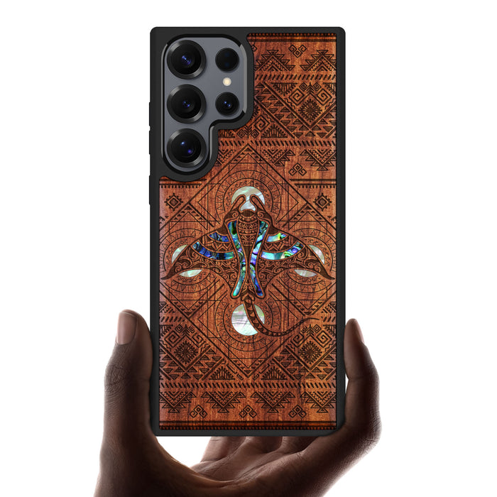 The Tribal Manta Ray, Hand-Inlaid Wood & Mother of Pearl Case - Artisanal Cover for Samsung Galaxy