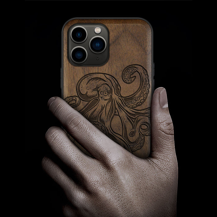 Bodybuilding Octopus Illustration, Classic Engraved Wood & TPU Case - Artisanal Cover for Apple iPhone