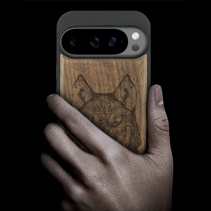 Realistic Wolf Linework Art, Classic Engraved Wood & TPU Case - Artisanal Cover for Google Pixel