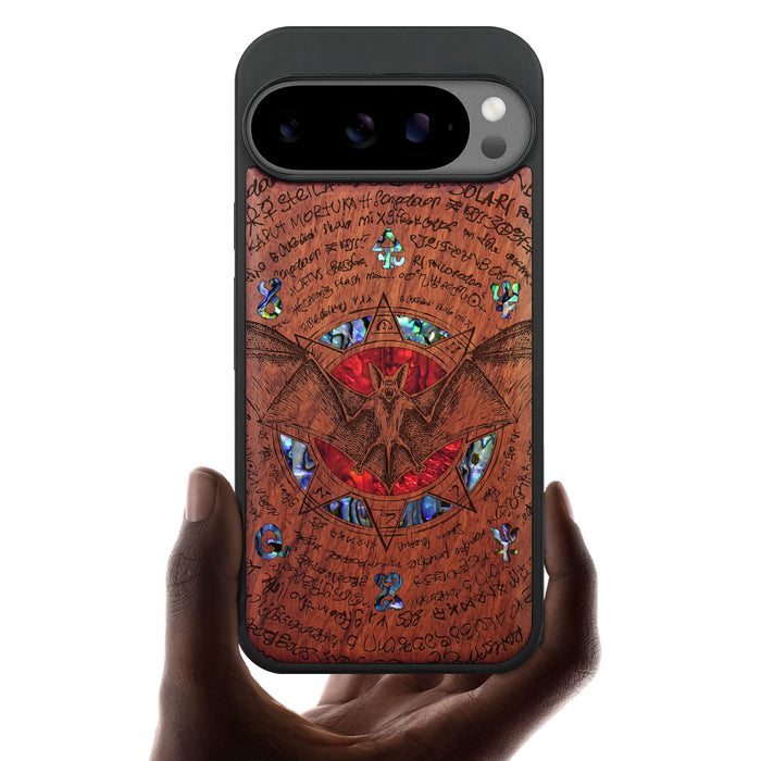 The Bat and the Octagonal Star, Hand-Inlaid Wood & Mother of Pearl Case - Artisanal Cover for Google Pixel