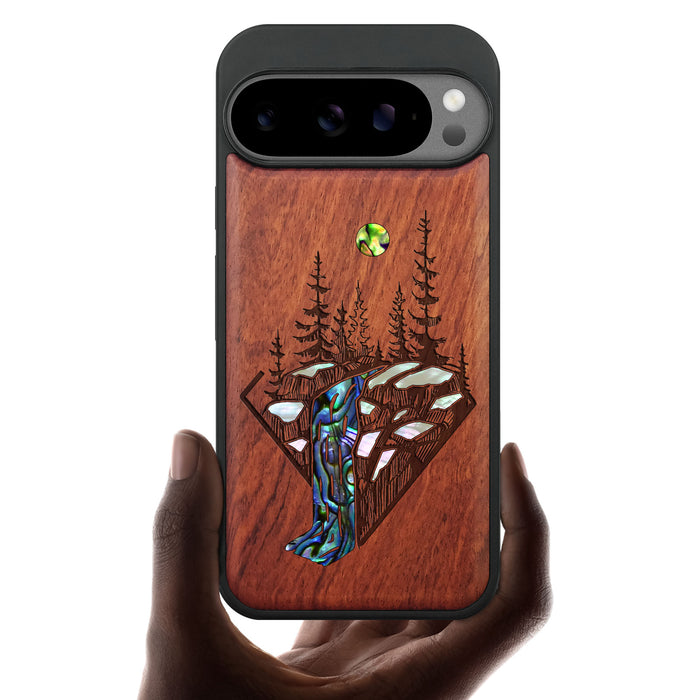 The Floating Forest and Waterfall, Hand-Inlaid Wood & Mother of Pearl Case - Artisanal Cover for Google Pixel