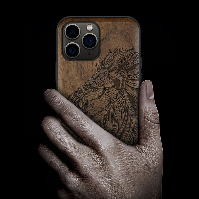 The Ornate Lion's Head, Classic Engraved Wood & TPU Case - Artisanal Cover for Apple iPhone