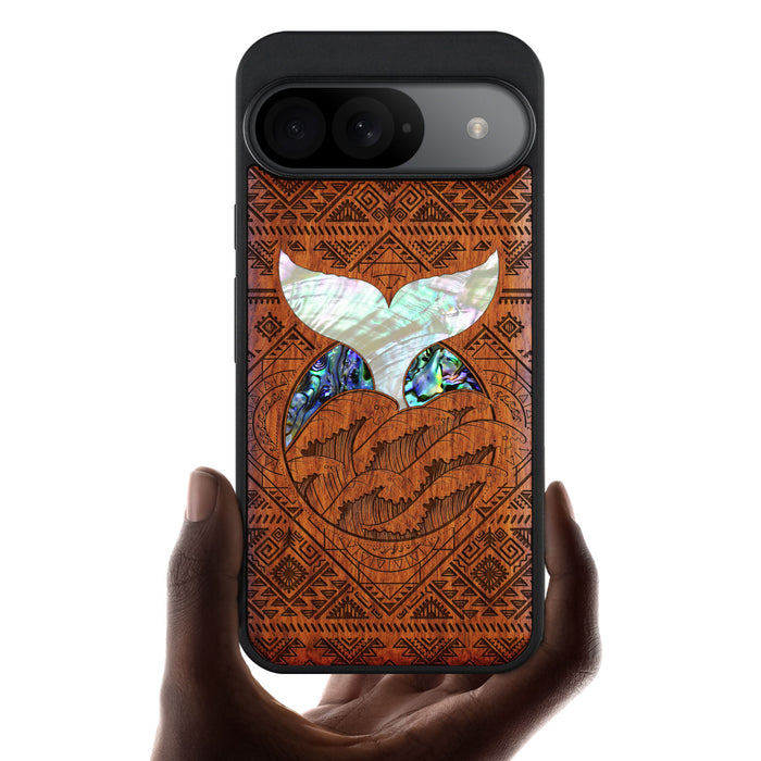 The Whale's Song Amidst Aztec Waves, Hand-Inlaid Wood & Mother of Pearl Case - Artisanal Cover for Google Pixel